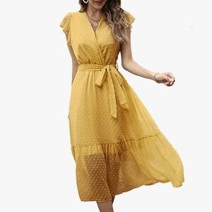 Genhoo midi dress mustard yellow gold wrap v neck pleated cap sleeves